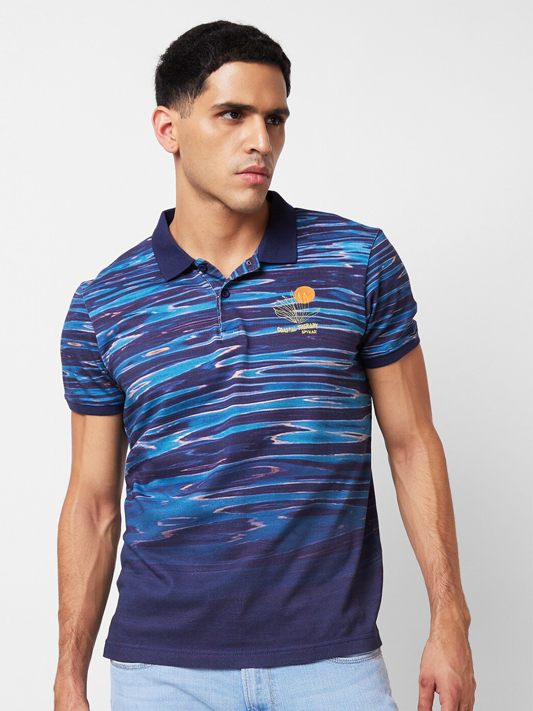 

SPYKAR Variegated Stripes Polo Collar Slim Fit Cotton T-shirt, Blue