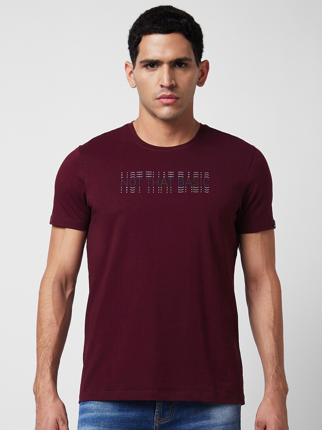 SPYKAR Typography Printed Round Neck Slim Fit Cotton T-shirt, Red
