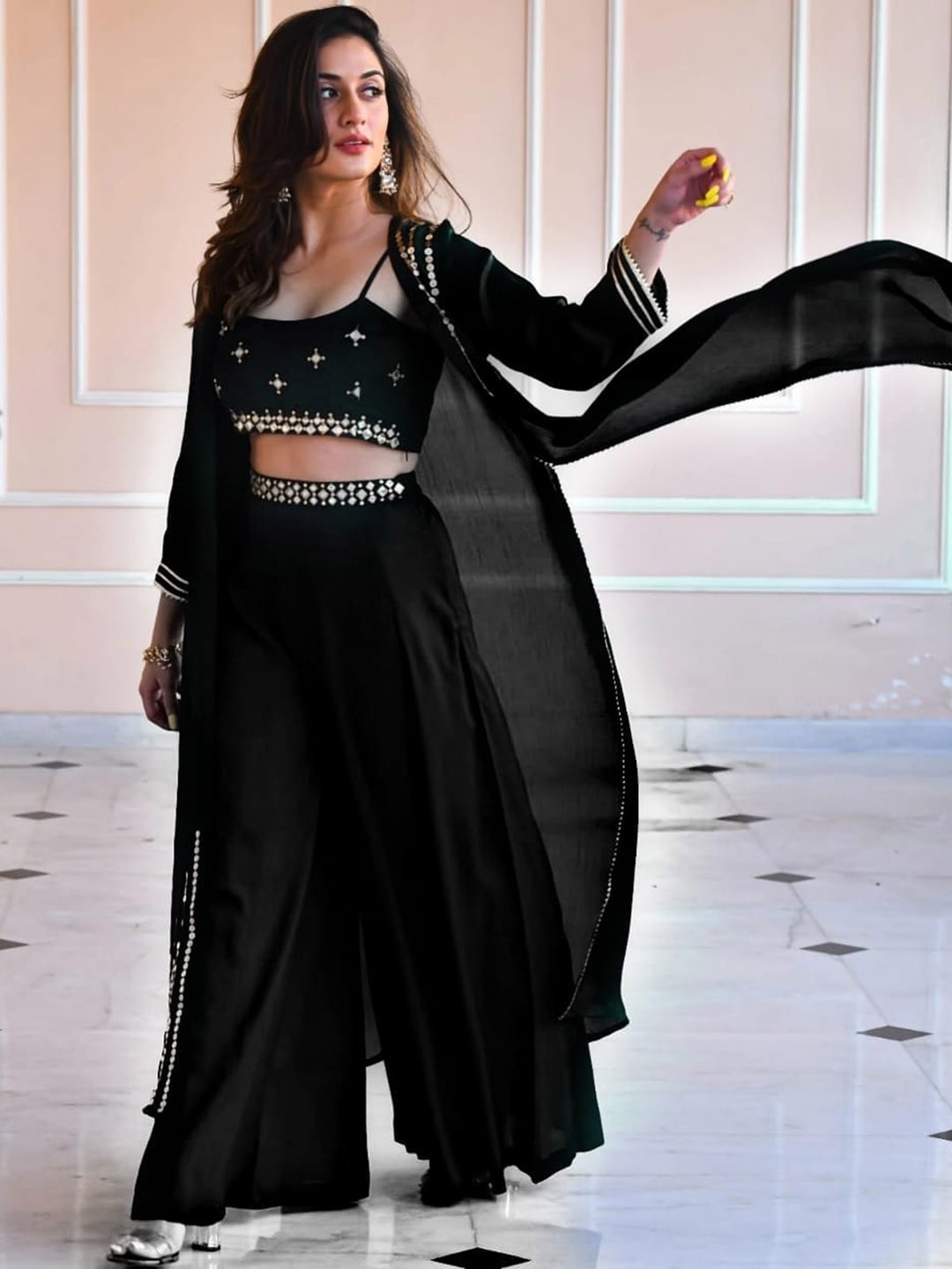 

Purple State Embroidered Crop Top With Shrug & Palazzos, Black