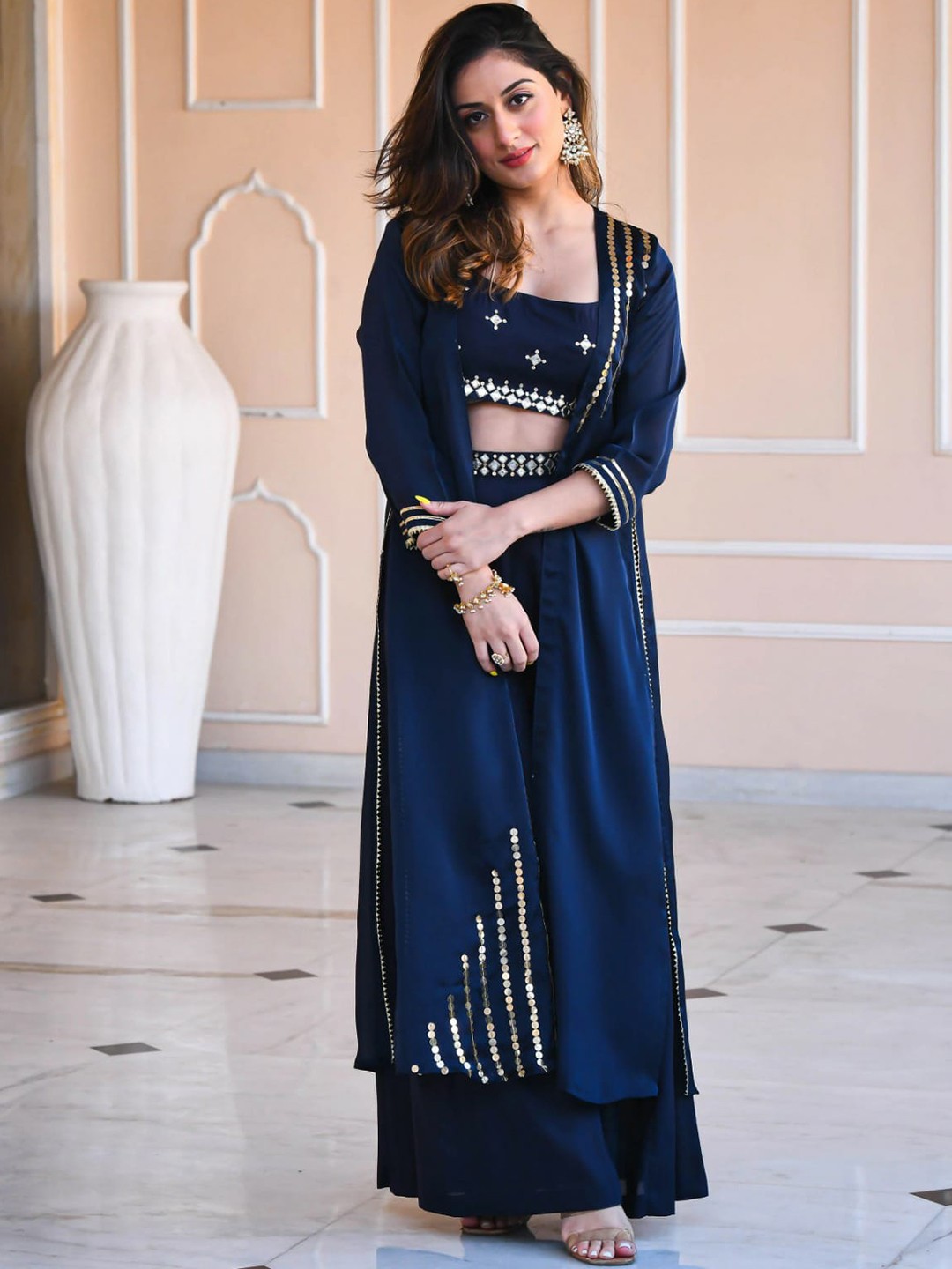 

Purple State Embroidered Crop Top With Shrug & Palazzos, Navy blue