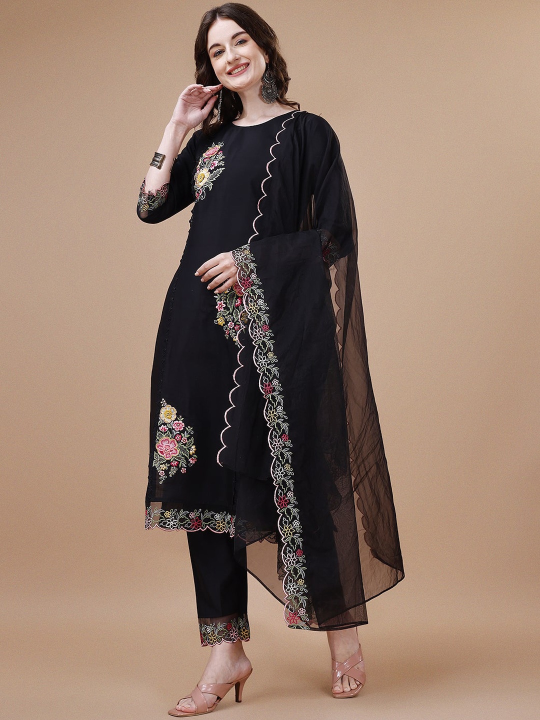 

KALINI Women Floral Embroidered Regular Thread Work Chanderi Cotton Kurta with Trousers & With Dupatta, Black