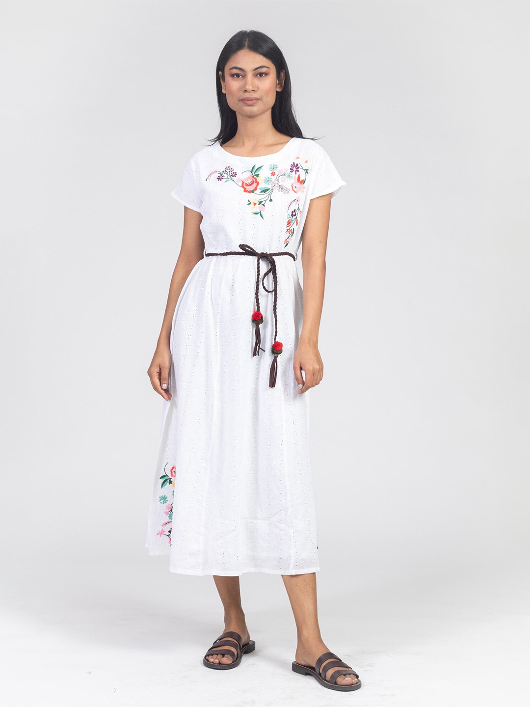 

HERE&NOW Self Design Embroidered Detail Fit & Flare Midi Dress With Belt, White