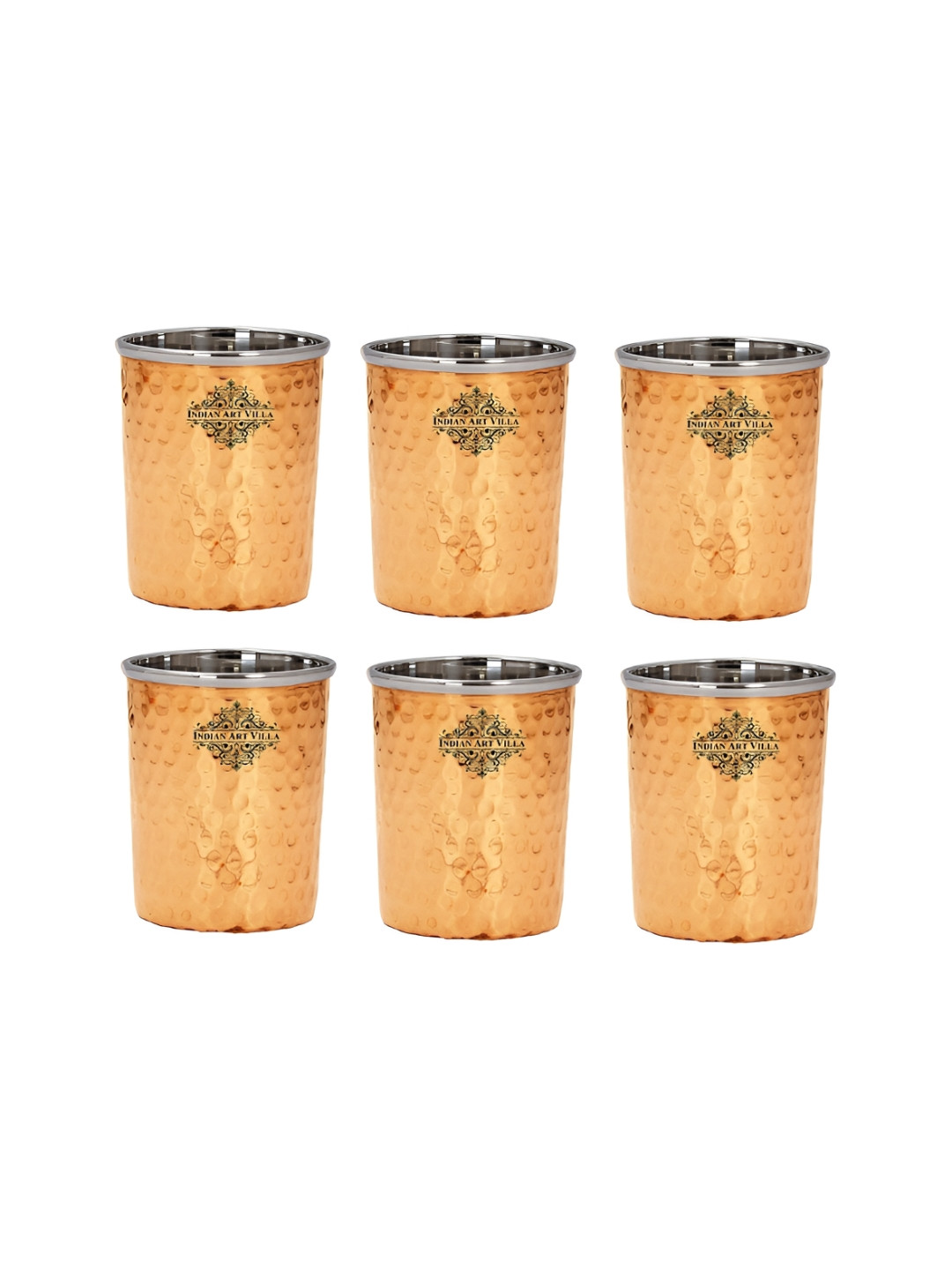 

INDIAN ART VILLA Brown 6 Pieces Steel & Copper Water or Juice Glass 300 ml