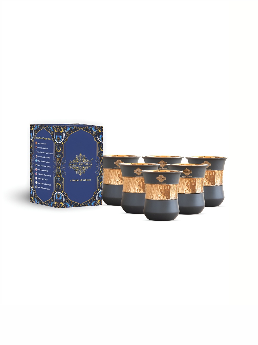 

INDIAN ART VILLA Grey & Gold Toned 6 Pieces Copper Water or Juice Glass 320 ml