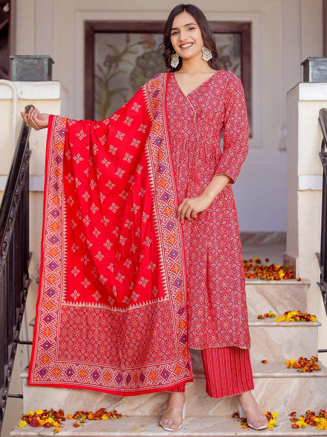 

Chandbaali Women Bandhani Printed Angrakha Gotta Patti Pure Silk Kurta with Palazzos & With Dupatta, Red