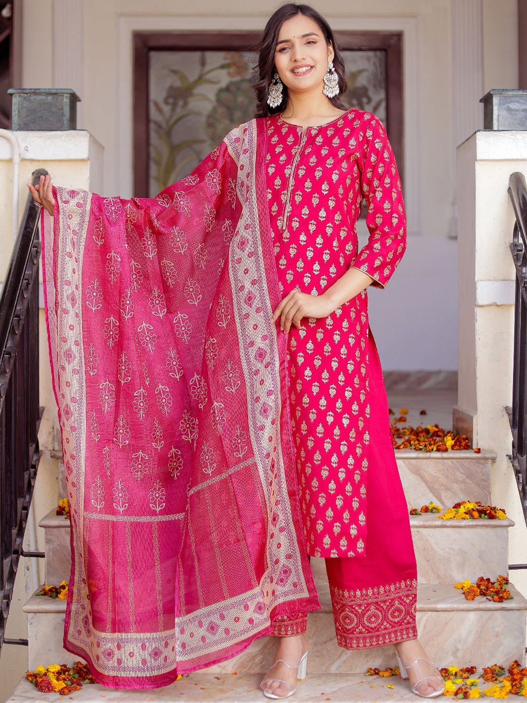 

Chandbaali Women Printed Regular Gotta Patti Dupion Silk Kurta with Palazzos & With Dupatta, Fuchsia