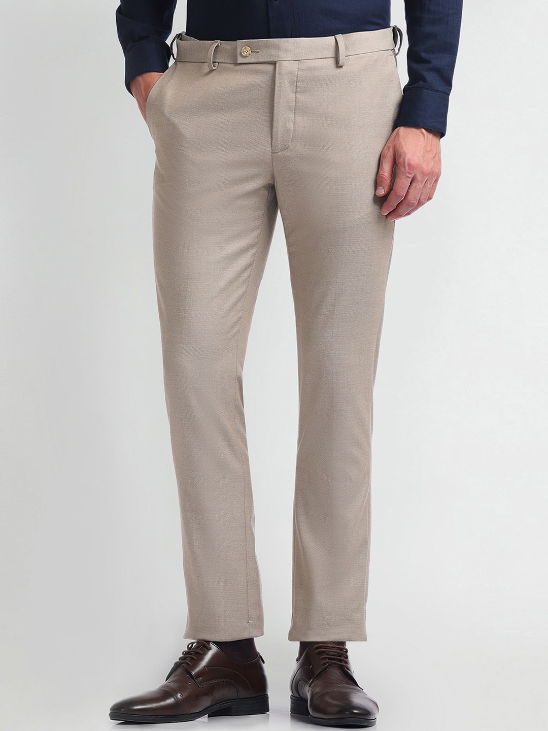 

Arrow Men Slim Fit Self Design Formal Trousers, Beige