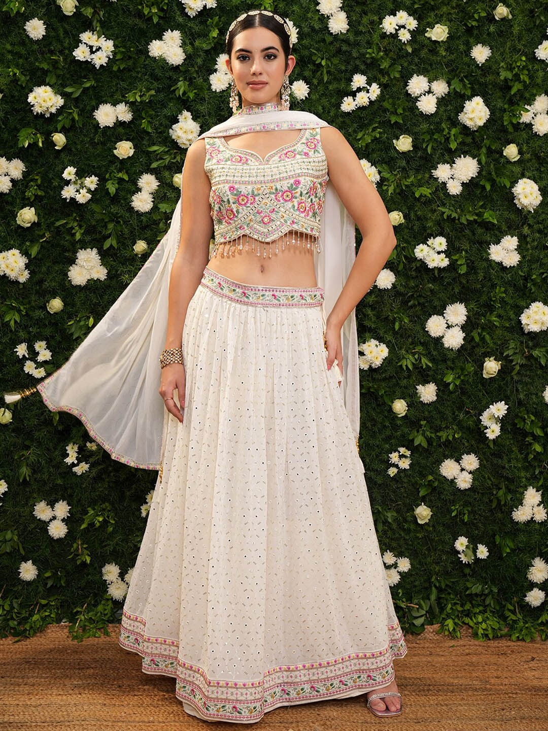 

Vishudh Embroidered Beads and Stones Ready to Wear Lehenga & Blouse With Dupatta, Cream