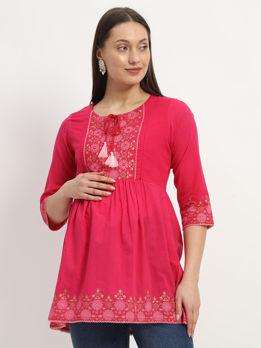 

mumzhug Ethnic Motifs Embroidered Pure Cotton Maternity Kurti, Pink