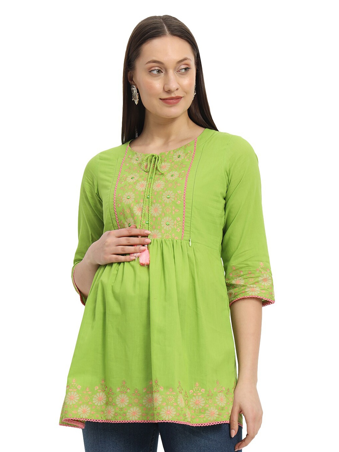 

mumzhug Ethnic Motifs Embroidered Pure Cotton Maternity Kurti, Green