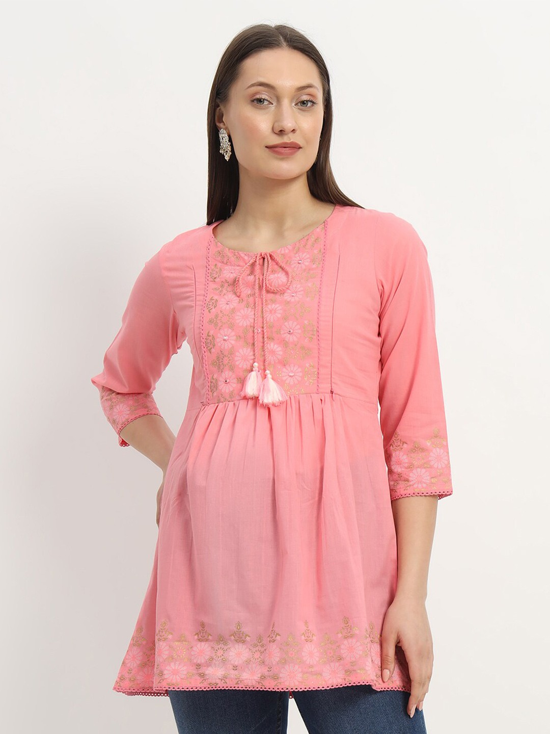

mumzhug Embroidered Pure Cotton Maternity Kurti, Pink
