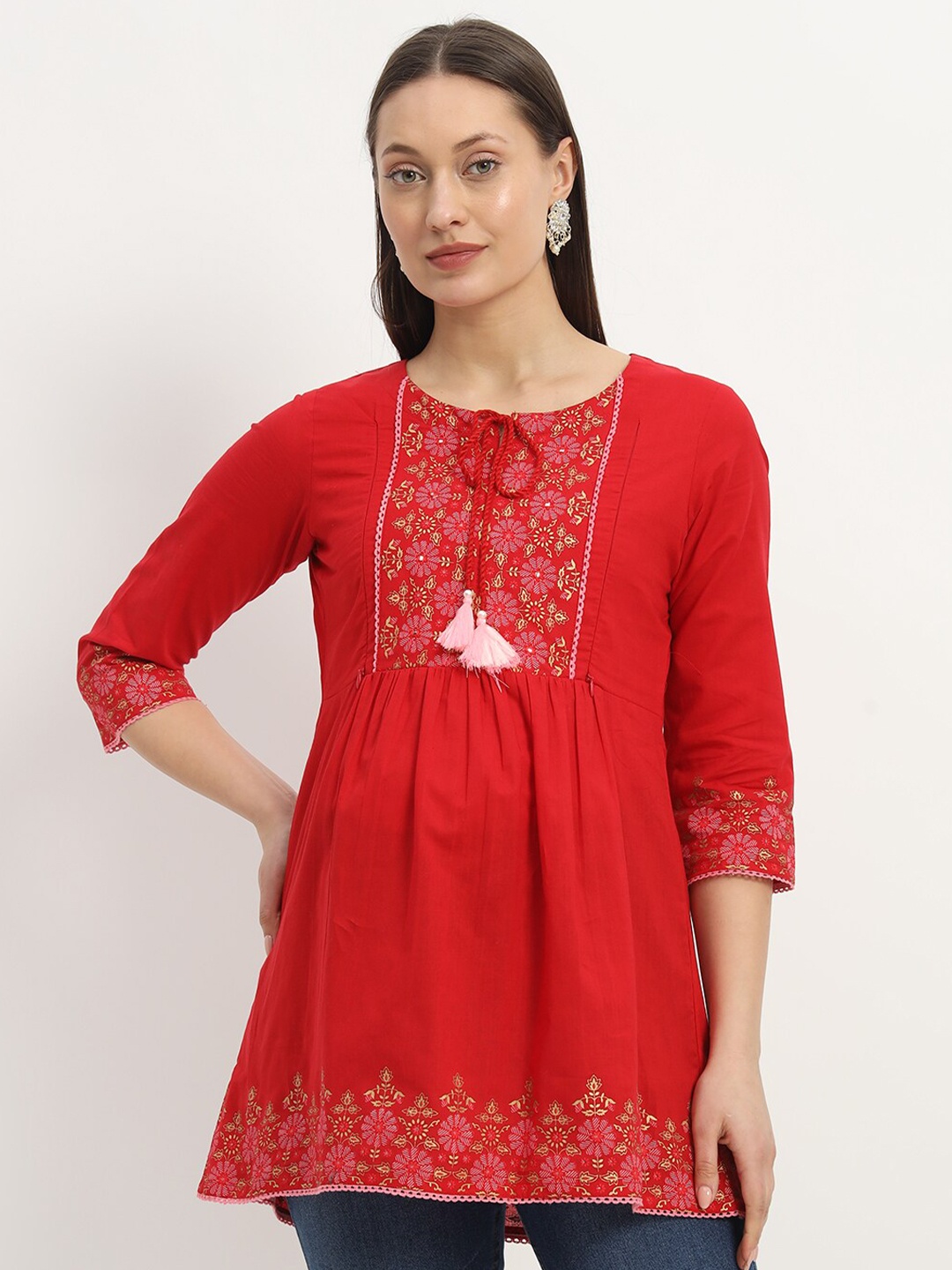 

mumzhug Ethnic Motifs Embroidered Pure Cotton Maternity Anarkali Kurti, Red