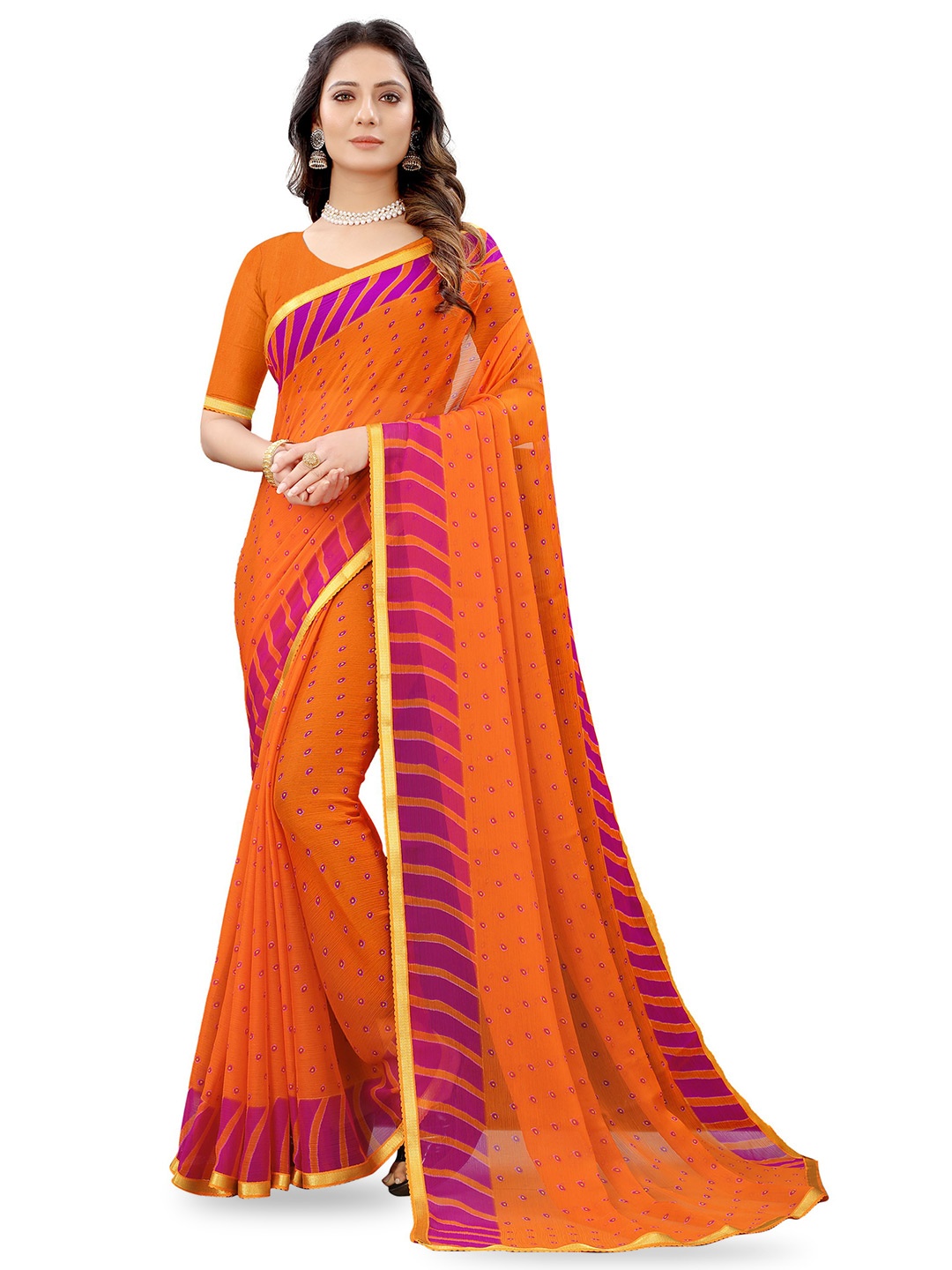 

DIVASTRI Zari Pure Chiffon Jamdani Saree, Orange