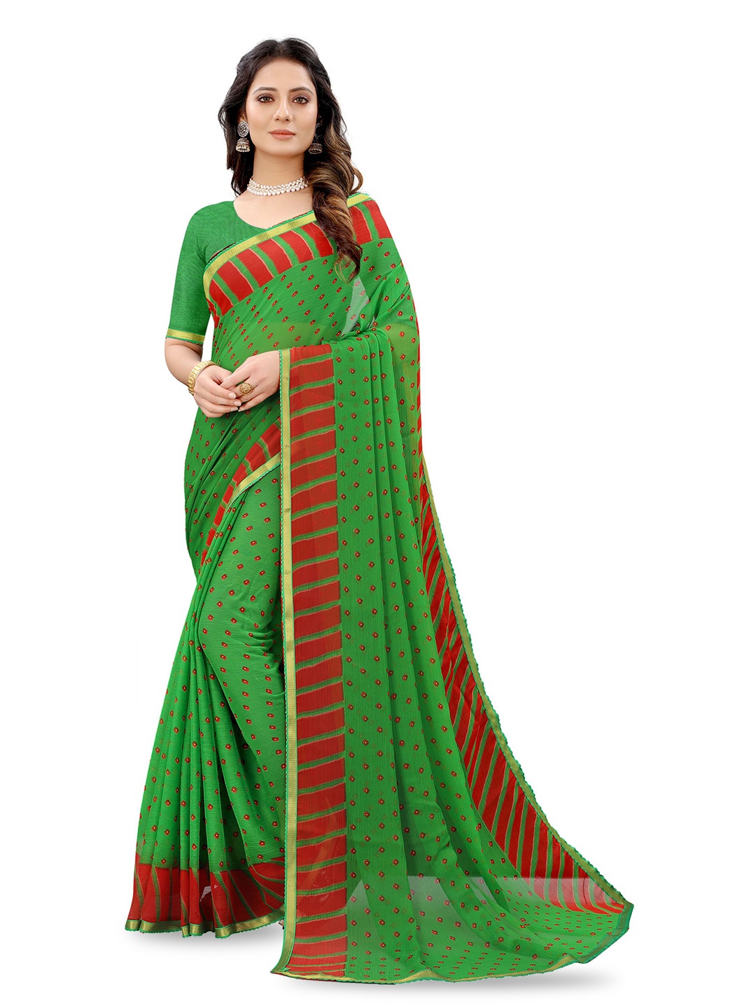 

DIVASTRI Zari Pure Chiffon Jamdani Saree, Green