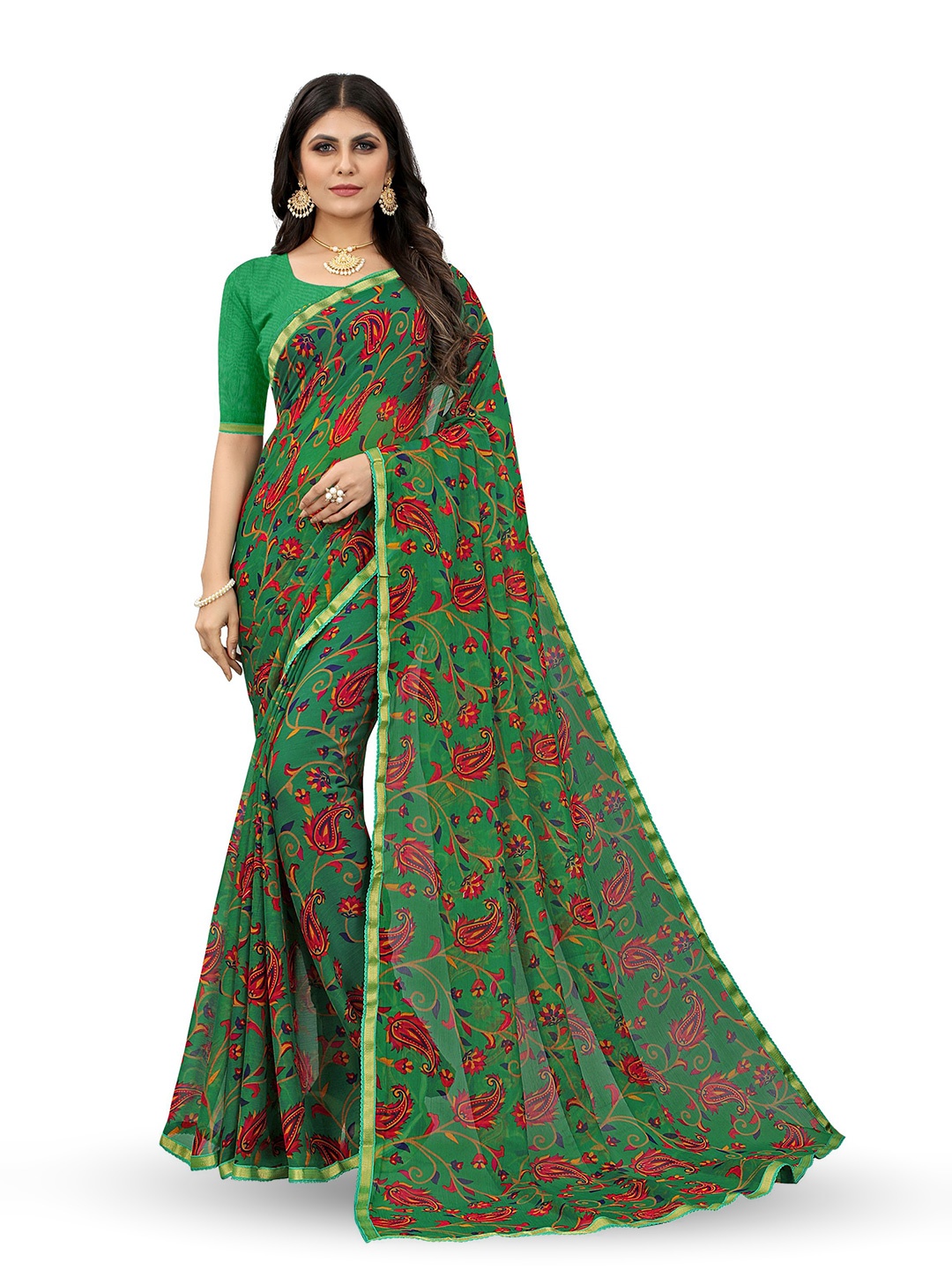 

DIVASTRI Paisley Zari Pure Chiffon Jamdani Saree, Green