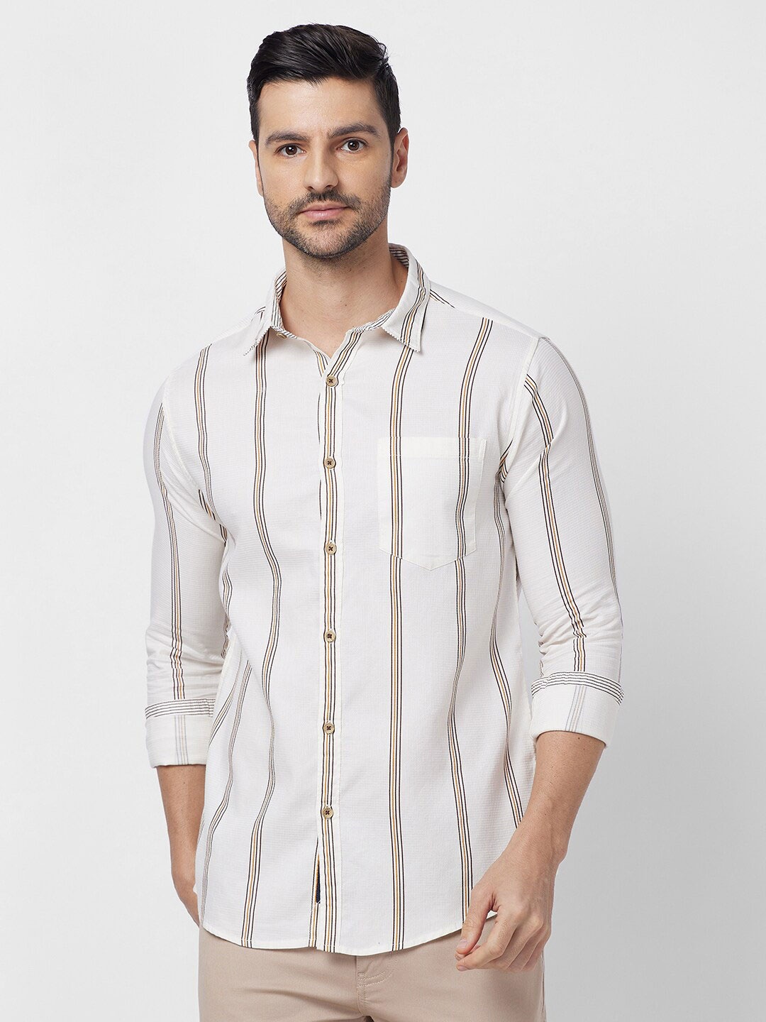 

SNX Tailored Fit Opaque Striped Pure Cotton Casual Shirt, Cream