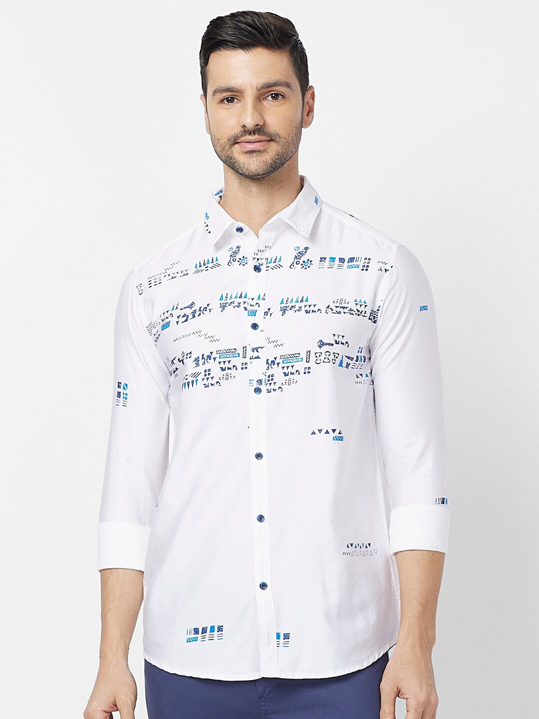 

SNX Tailored Fit Geometric Printed Pure Cotton Casual Shirt, White