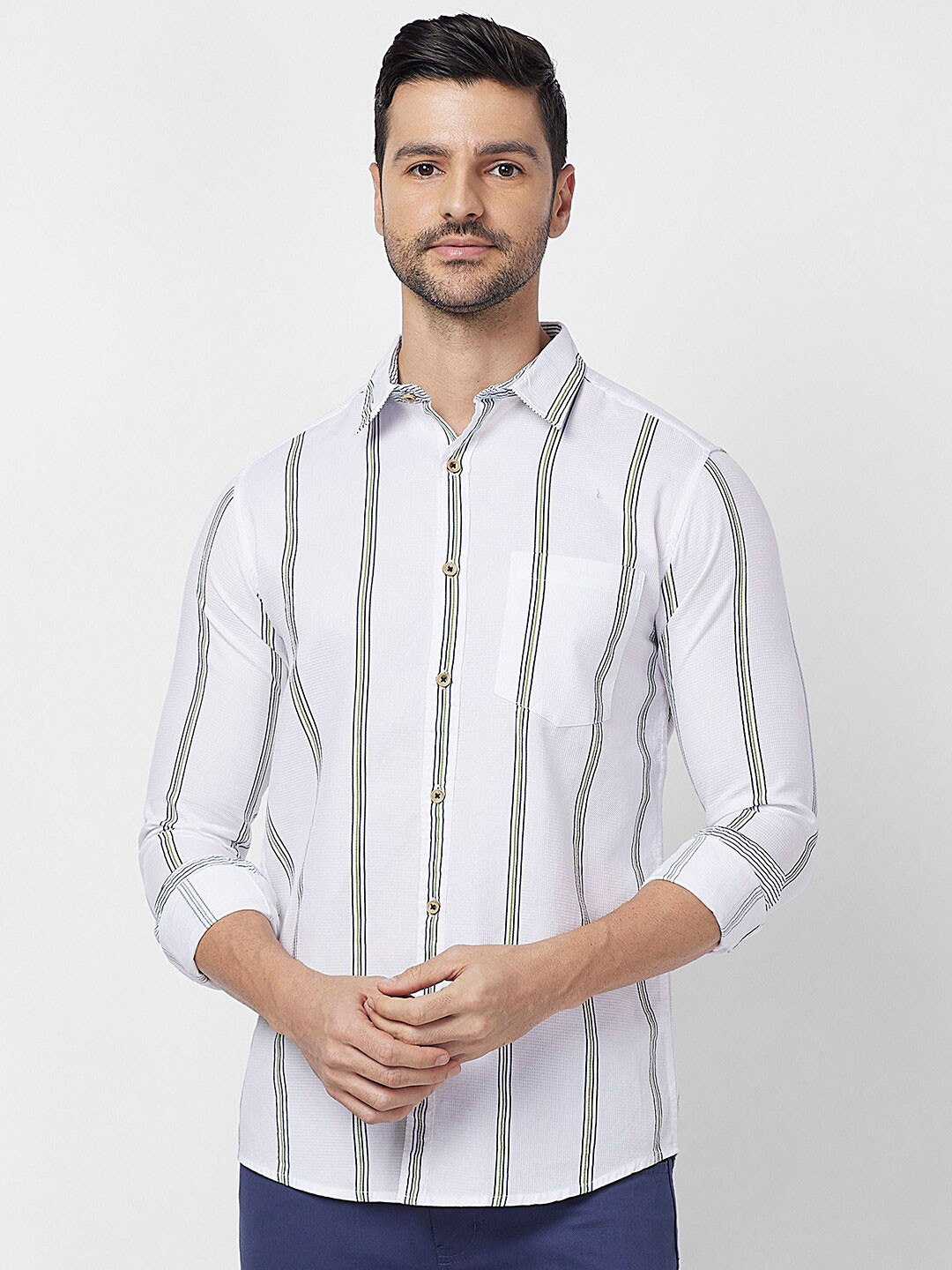 

SNX Tailored Fit Striped Cotton Casual Shirt, White