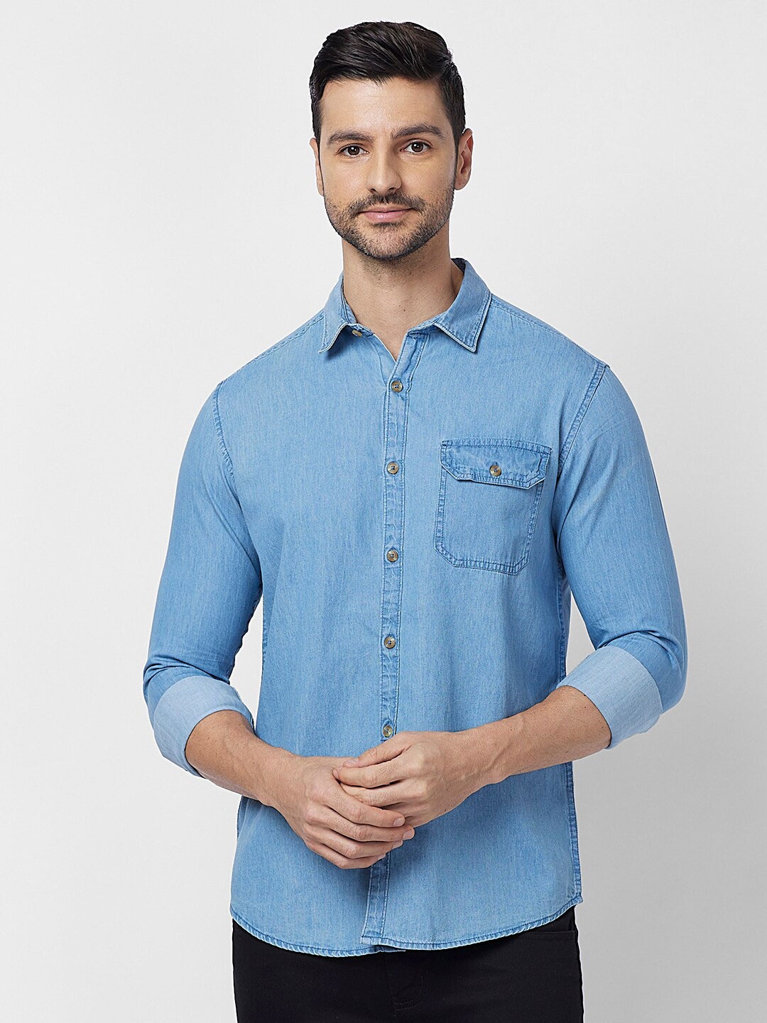 

SNX Tailored Fit Denim Weave Cotton Casual Shirt, Blue