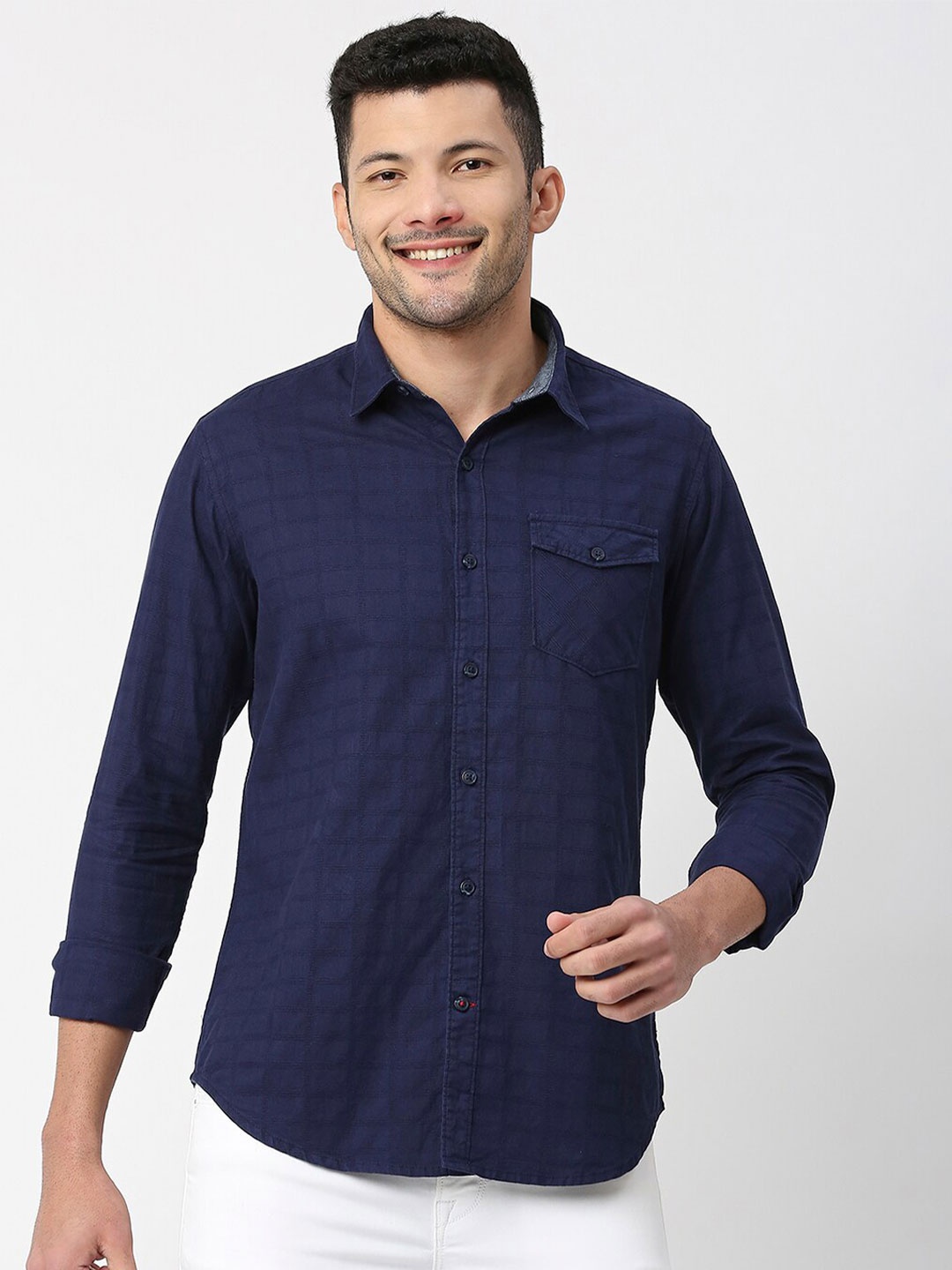 

SNX Tailored Fit Checked Cotton Casual Shirt, Navy blue