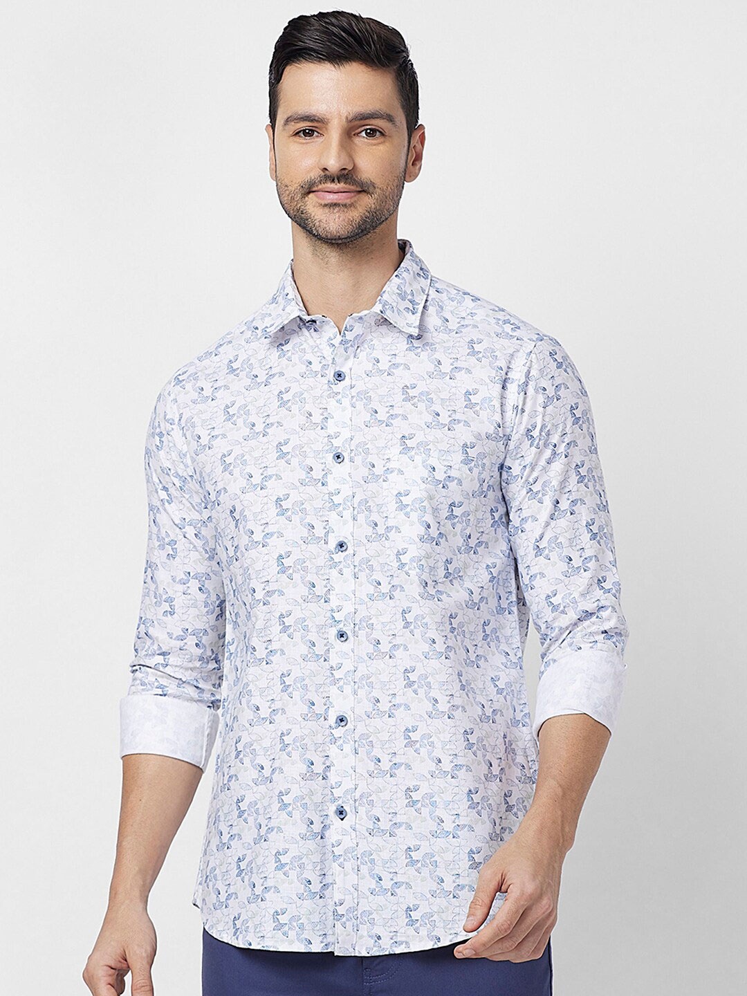 

SNX Tailored Fit Floral Printed Cotton Casual Shirt, Navy blue