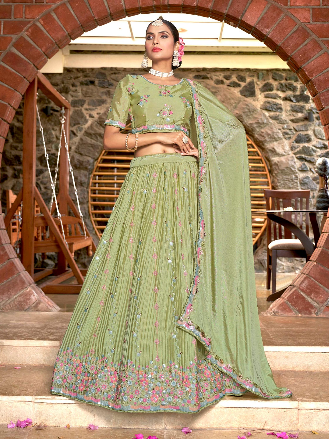 

Pandadi Saree Embroidered Sequinned Semi-Stitched Lehenga & Blouse With Dupatta, Green