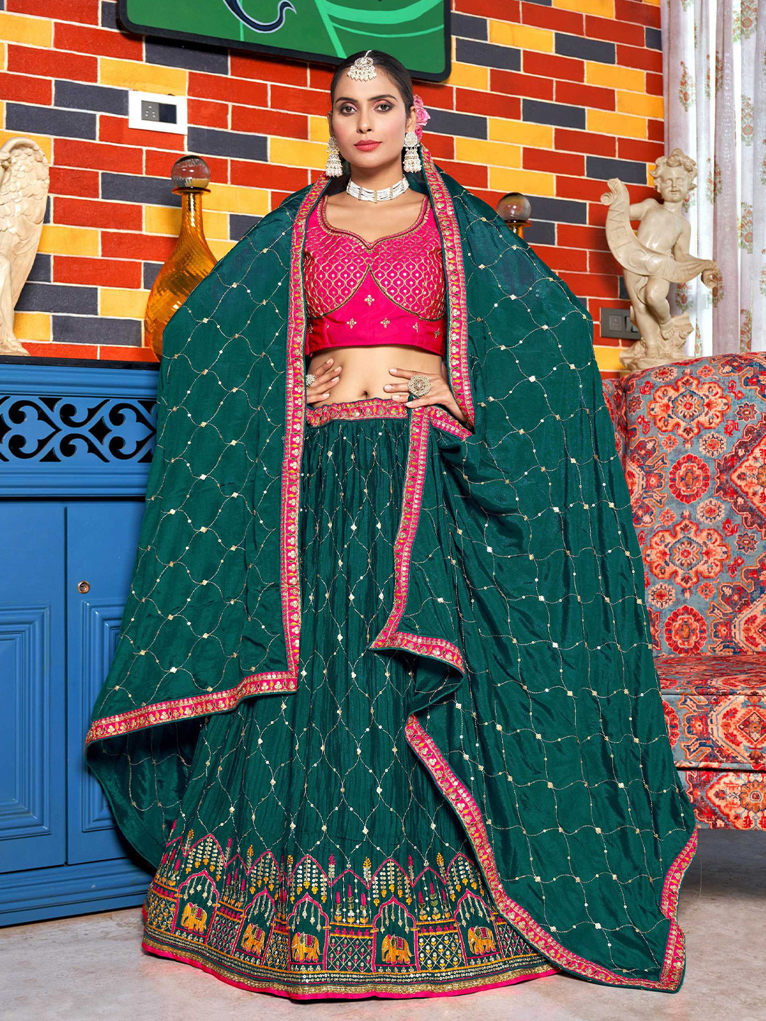 

Pandadi Saree Embroidered Sequinned Semi-Stitched Lehenga & Blouse With Dupatta, Teal