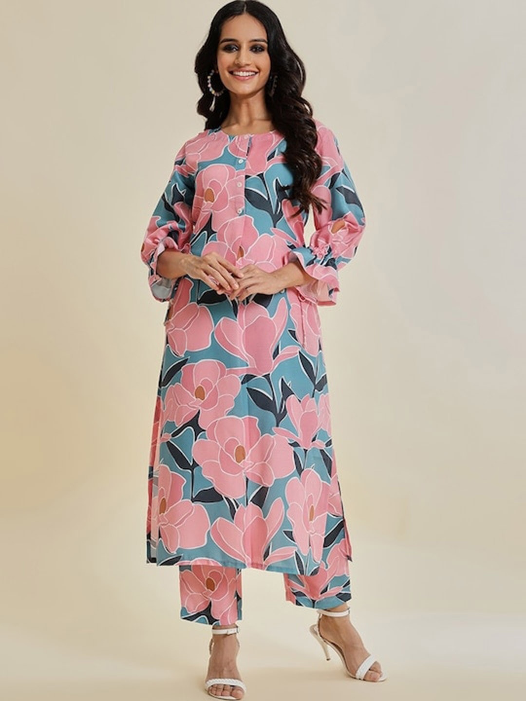 

Varanga Printed Round Neck Tunic With Flared Trouser, Teal