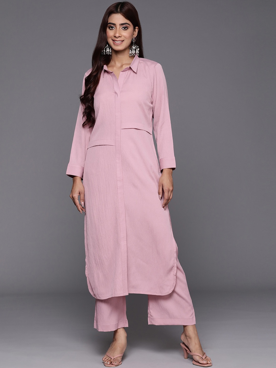 

Varanga Shirt Collar Tunic With Palazzos, Pink