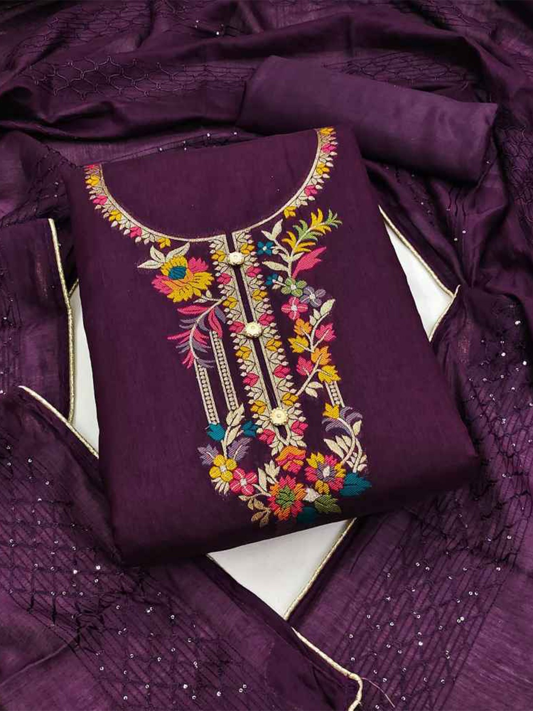 

faxofab Embroidered Silk Chiffon Unstitched Dress Material, Purple