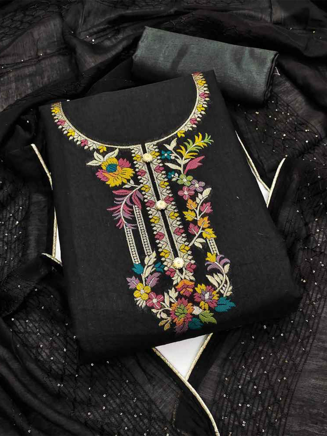 

faxofab Embroidered Silk Chiffon Unstitched Dress Material, Black