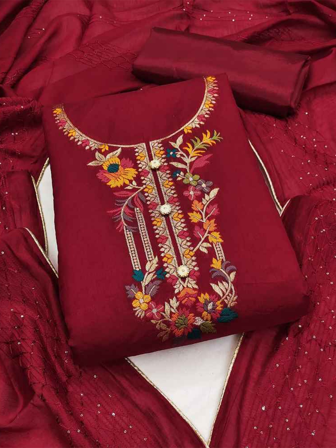 

faxofab Embroidered Silk Chiffon Unstitched Dress Material, Maroon