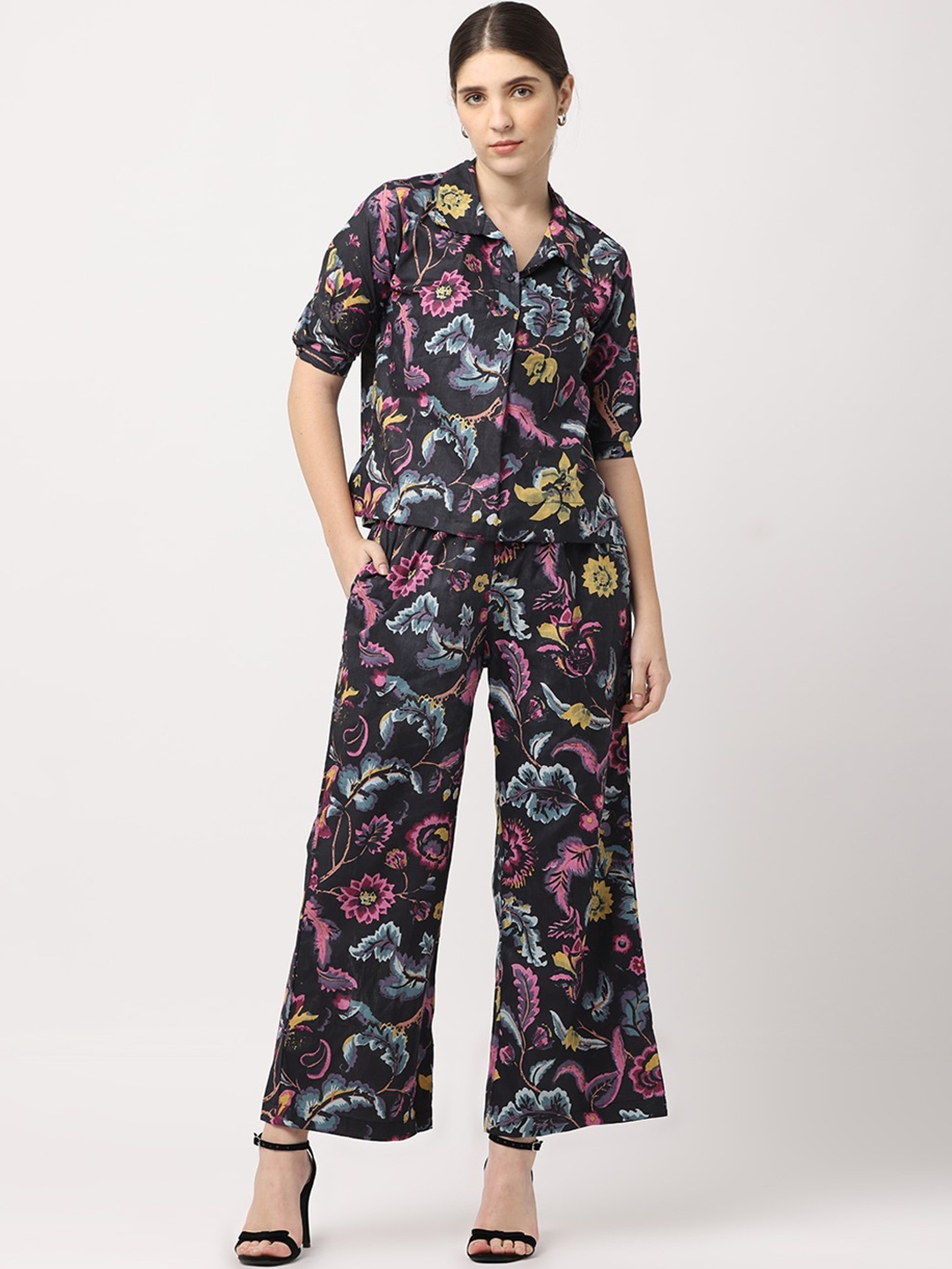 

BLACK & BLAH BLAH Relaxed Fit Floral Printed Pure Cotton Monochrome Co-Ord