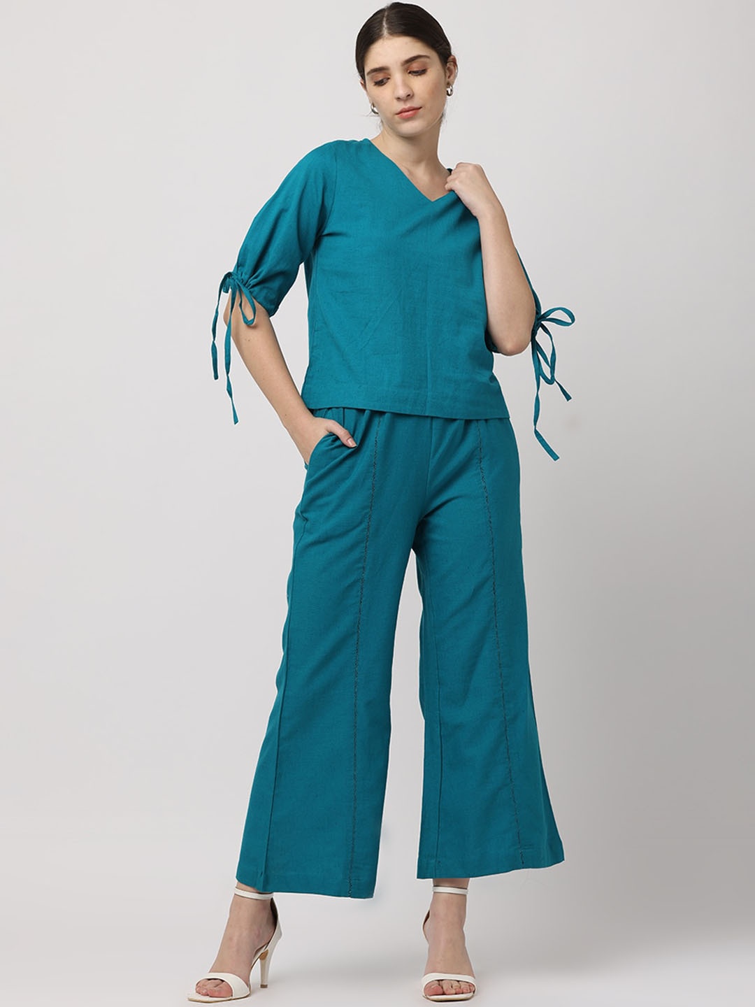 

BLACK & BLAH BLAH Relaxed Fit Solid Pure Cotton Co-Ord (Set of 2), Teal