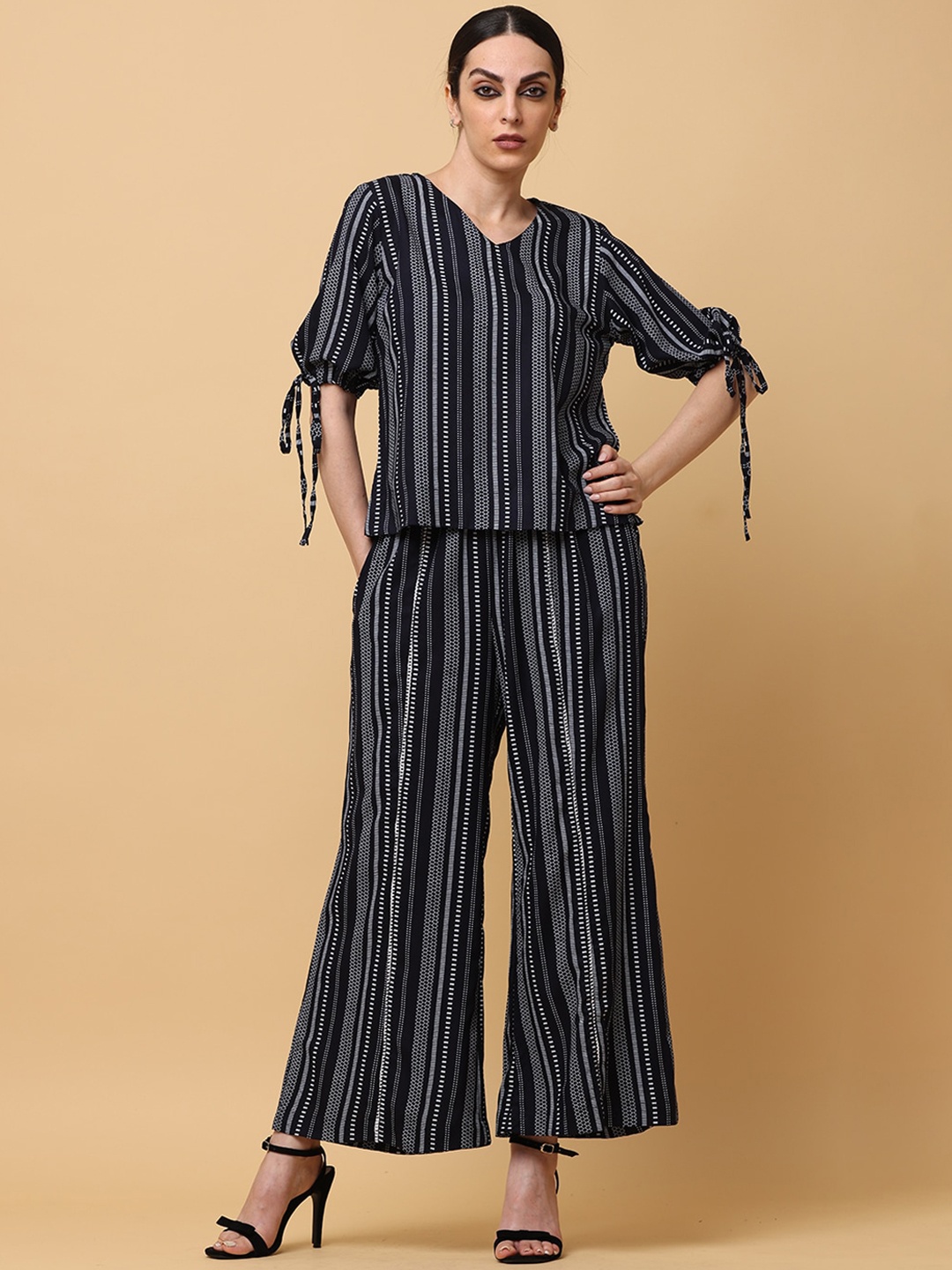 BLACK & BLAH BLAH Relaxed Fit Stripes Printed Liva Monochrome Co-Ord Set