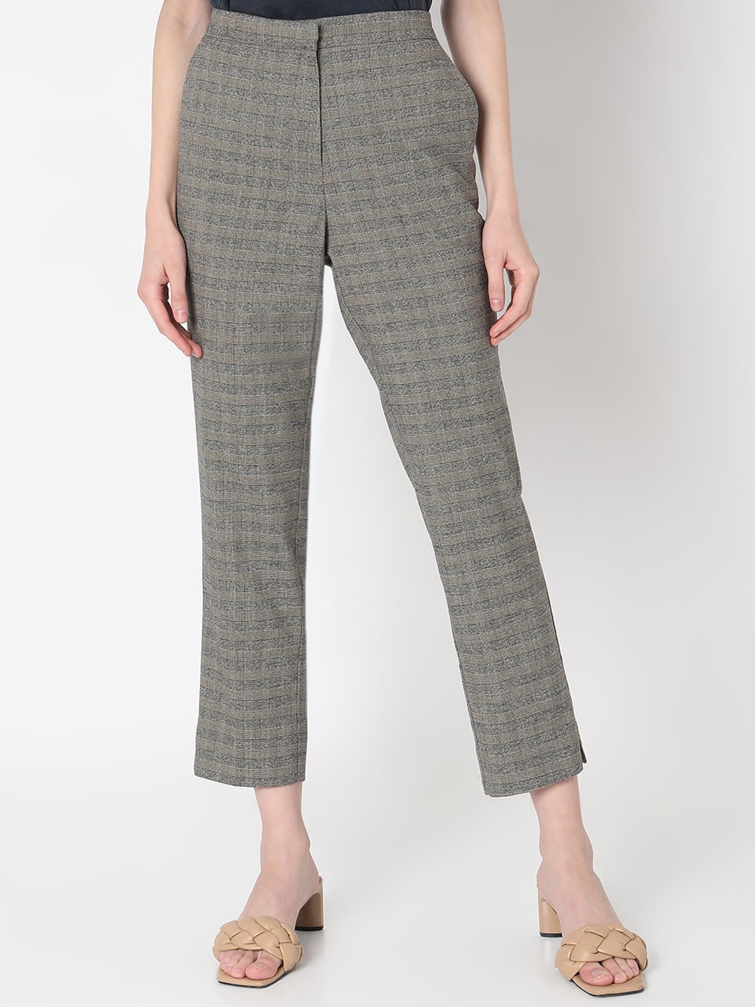 

Vero Moda Women Slim Fit Checked High-Rise Formal Trousers, Grey