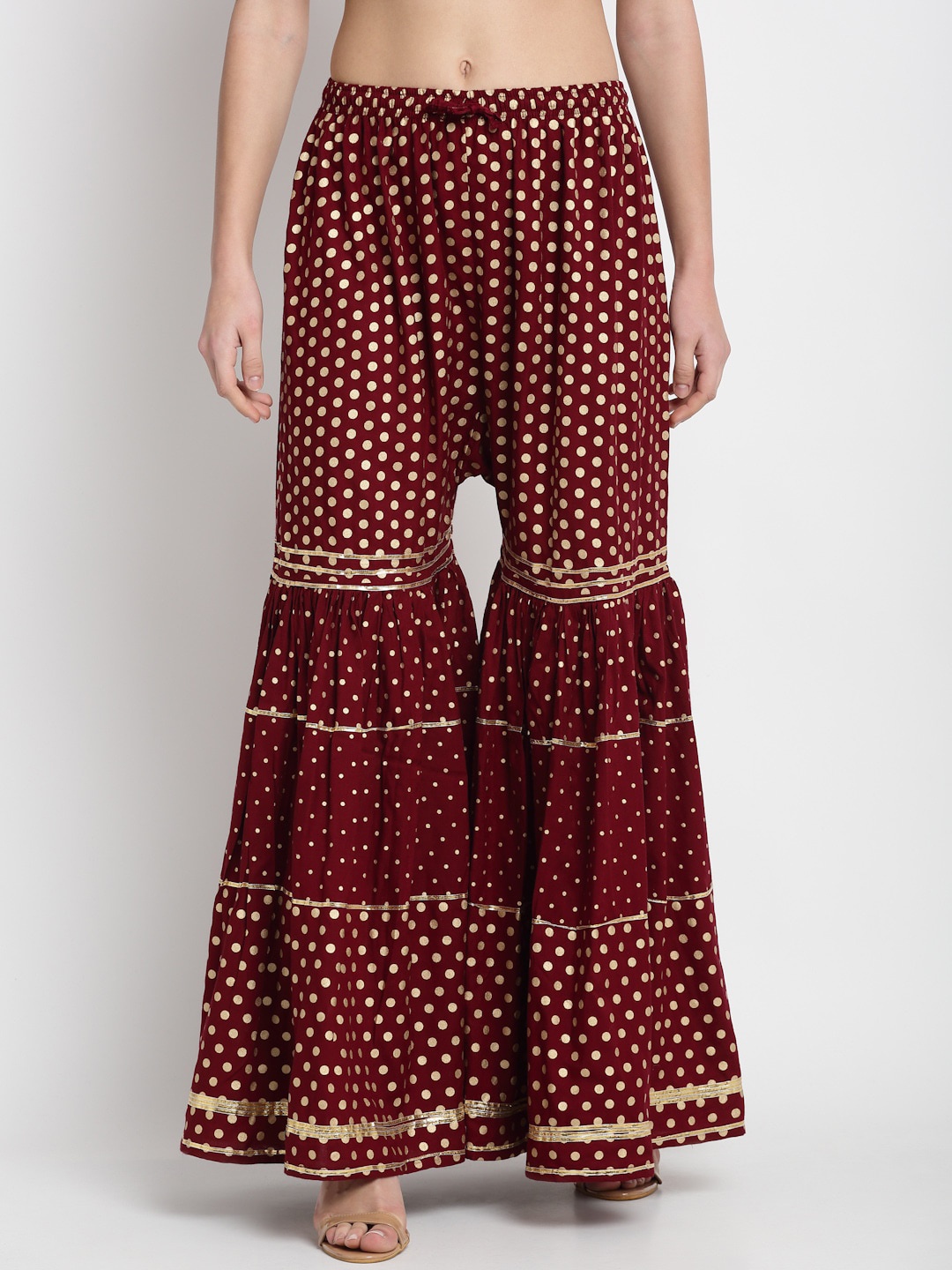 

Miaz Lifestyle Women Relaxed Geometric Printed Mid-Rise Flared Trousers, Maroon