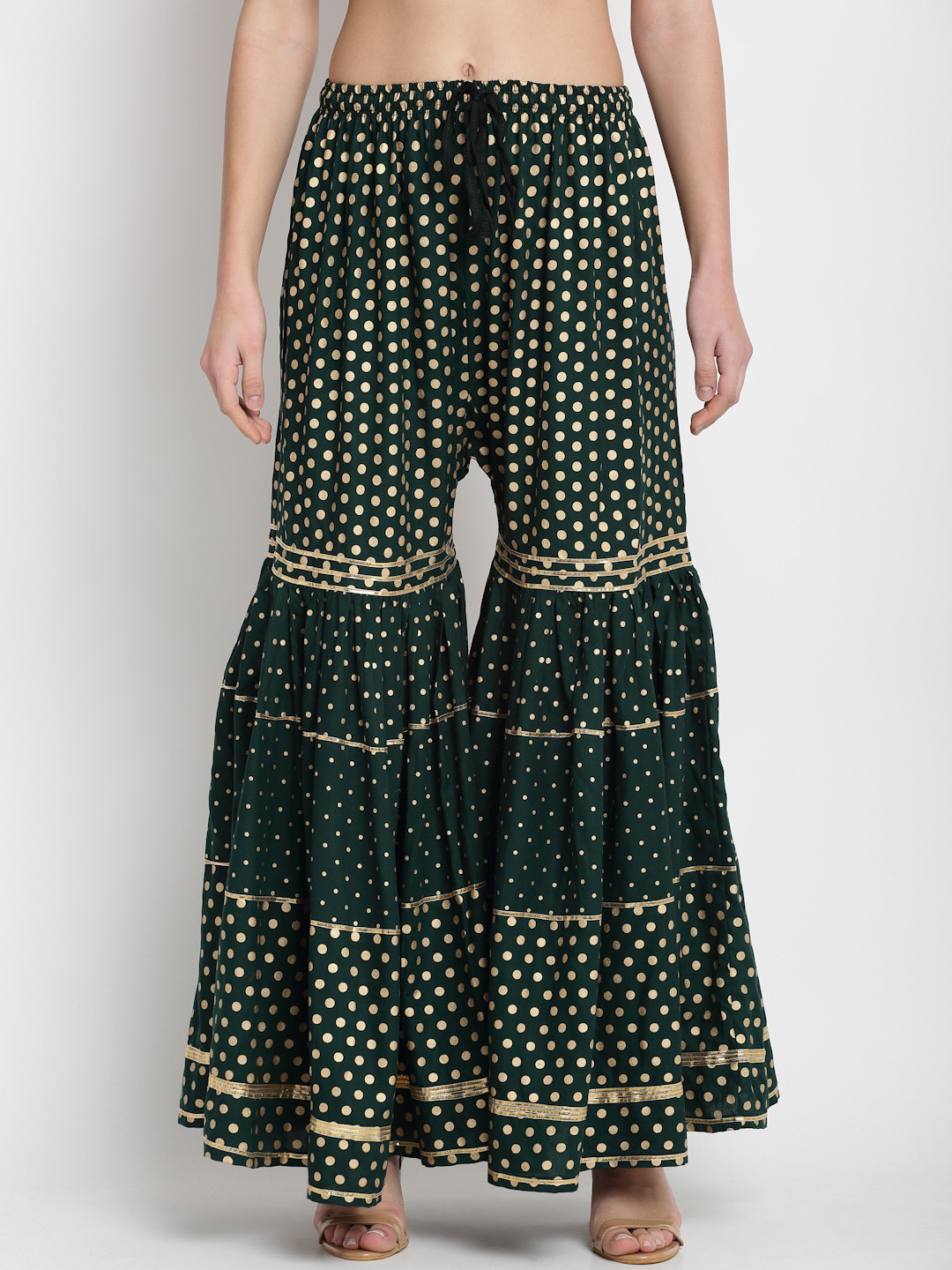 

Miaz Lifestyle Women Relaxed Geometric Printed Mid-Rise Flared Trousers, Green