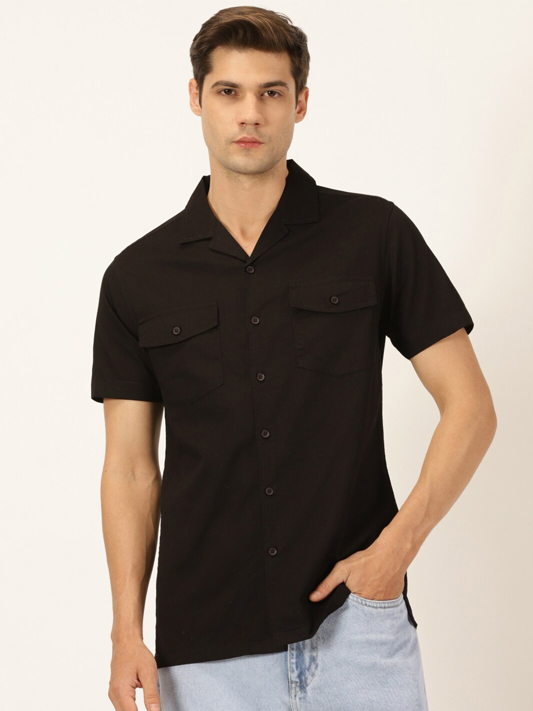 

Mast & Harbour Premium Cuban Collar Cotton Shirt, Black