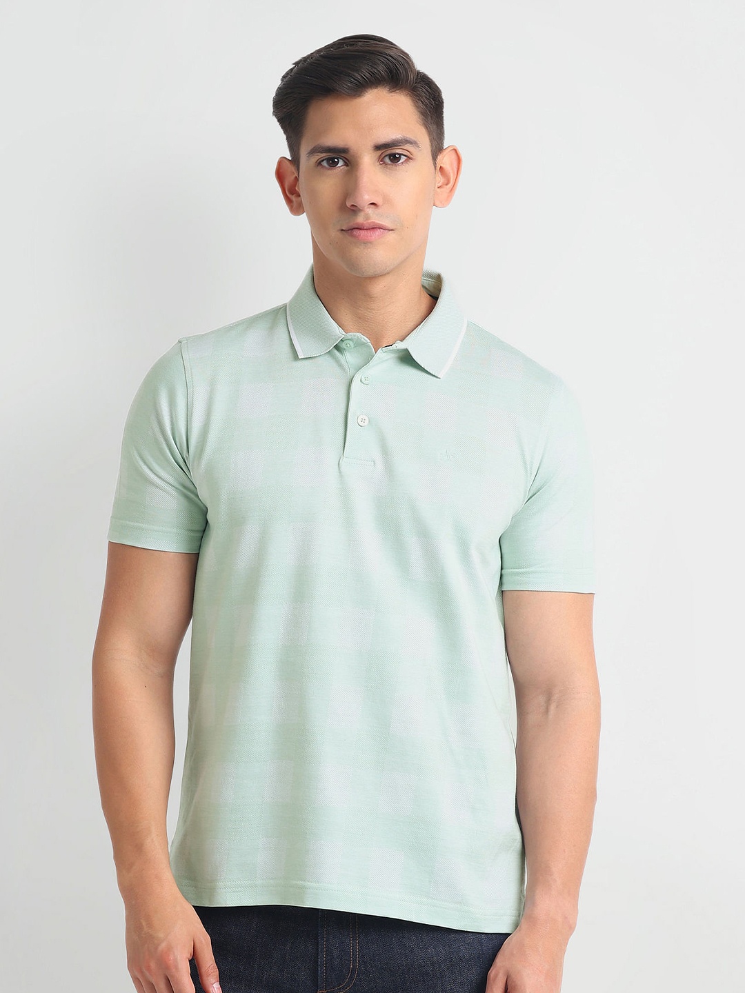 

Arrow Checked Polo Collar Short Sleeves T-shirt, Sea green