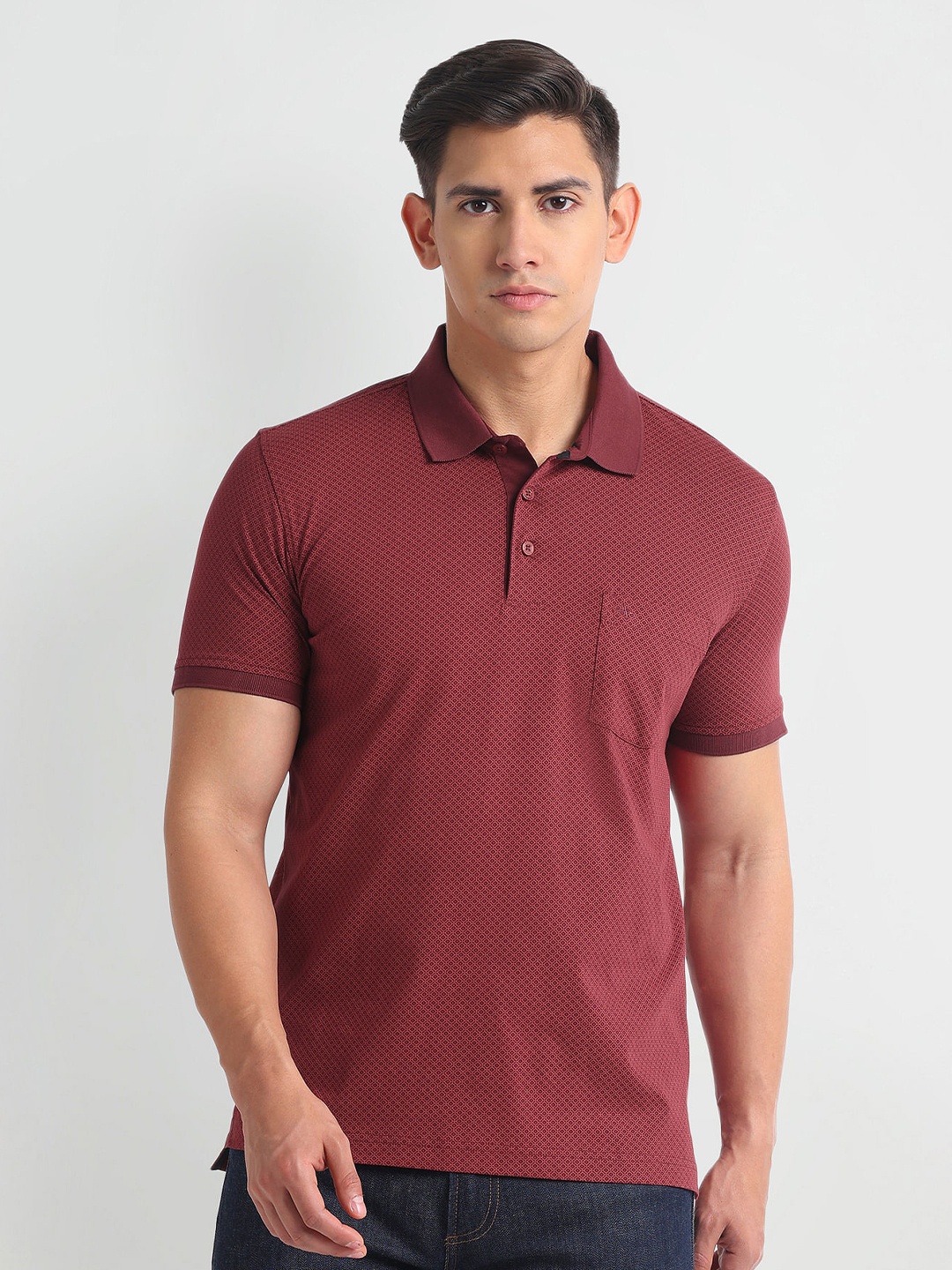 

Arrow Geometric Printed Polo Collar T-shirt, Maroon