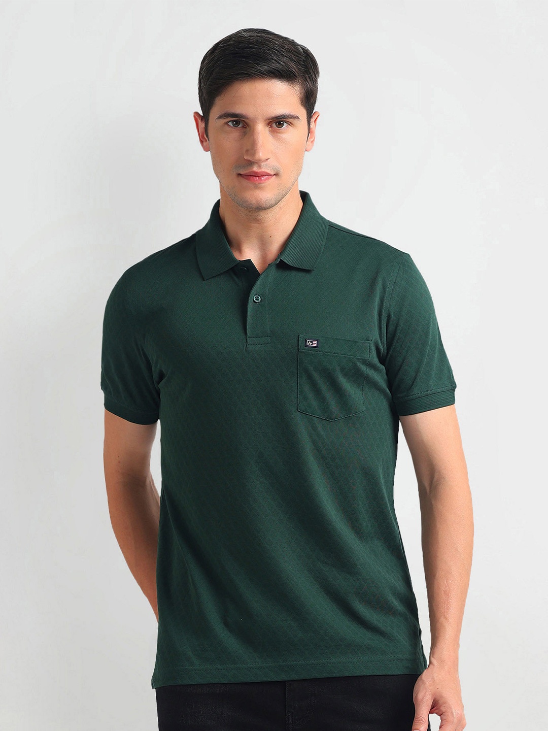 

Arrow Sport Geometric Self Design Polo Collar Short Sleeves T-shirt, Green