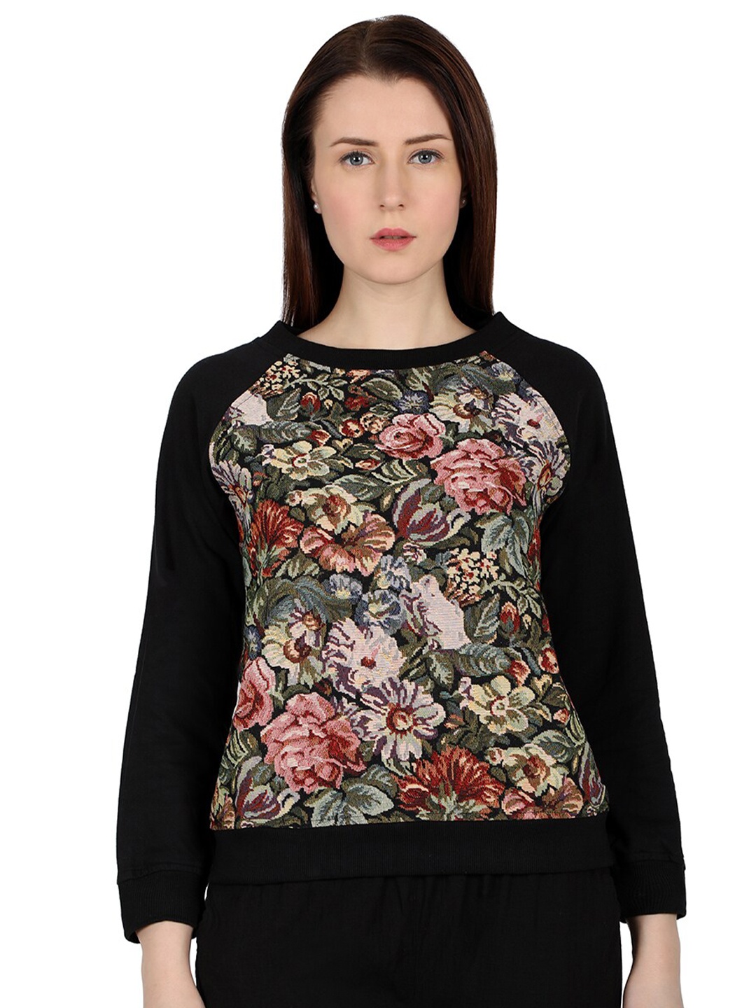 

Ashtag Floral Printed Round Neck Cotton Sweatshirt, Black