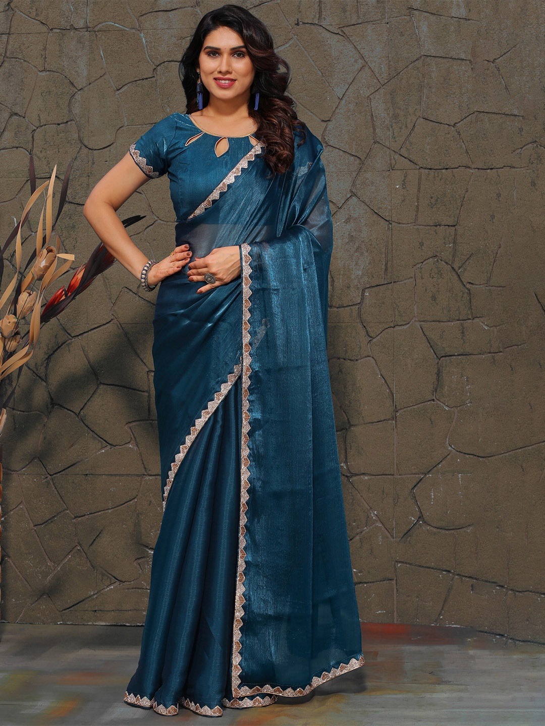 

KALINI Beads and Stones Pure Silk Saree, Turquoise blue