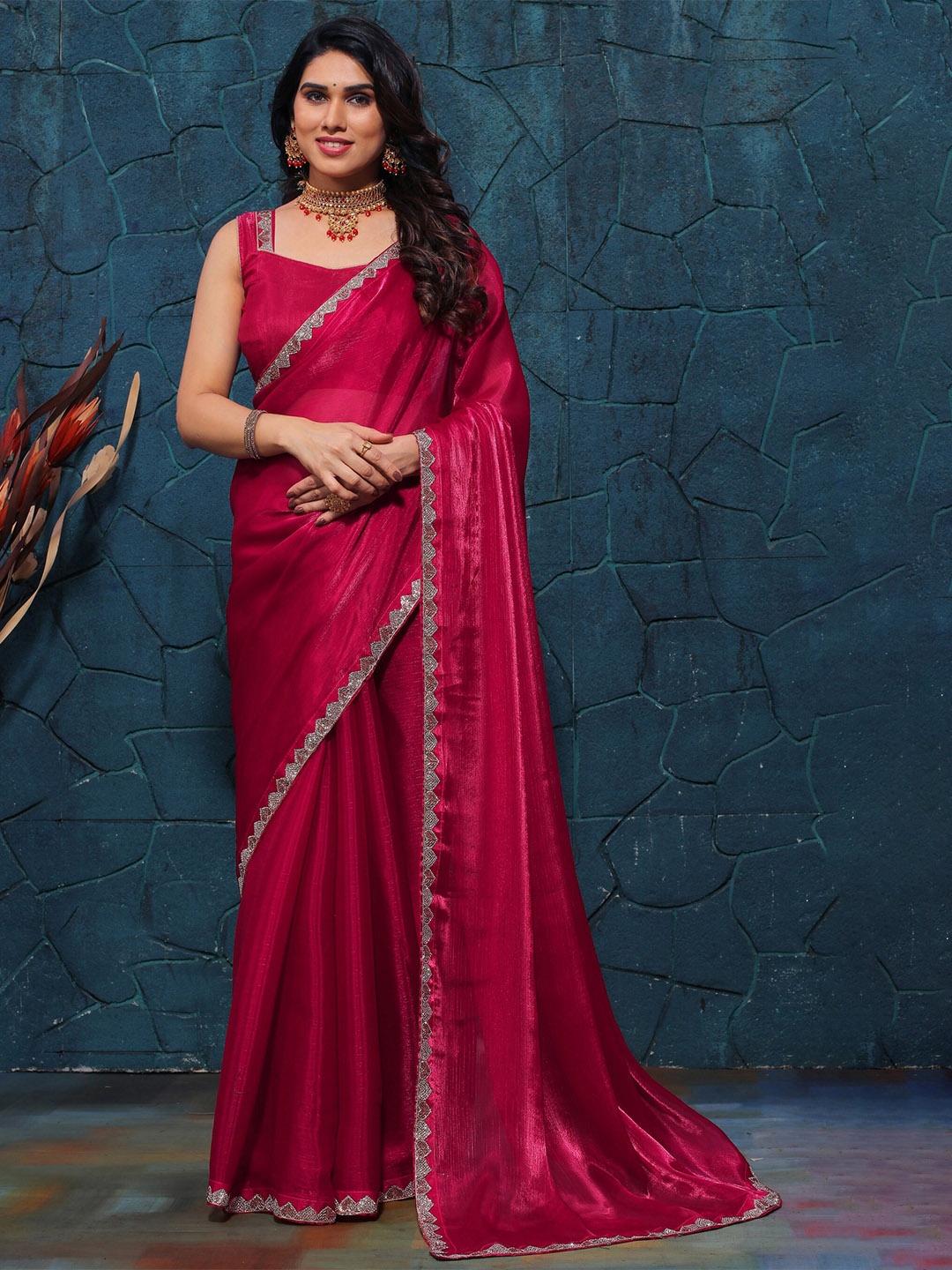 

KALINI Beads and Stones Pure Silk Saree, Pink