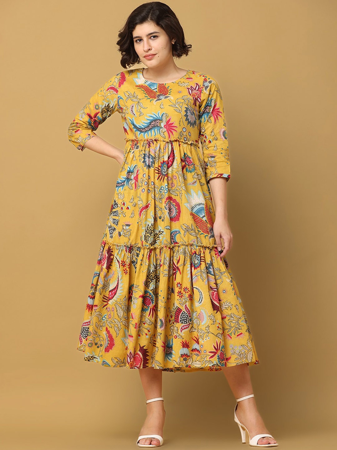 

BLACK & BLAH BLAH Printed Round Neck Cotton Tiered Dress, Yellow