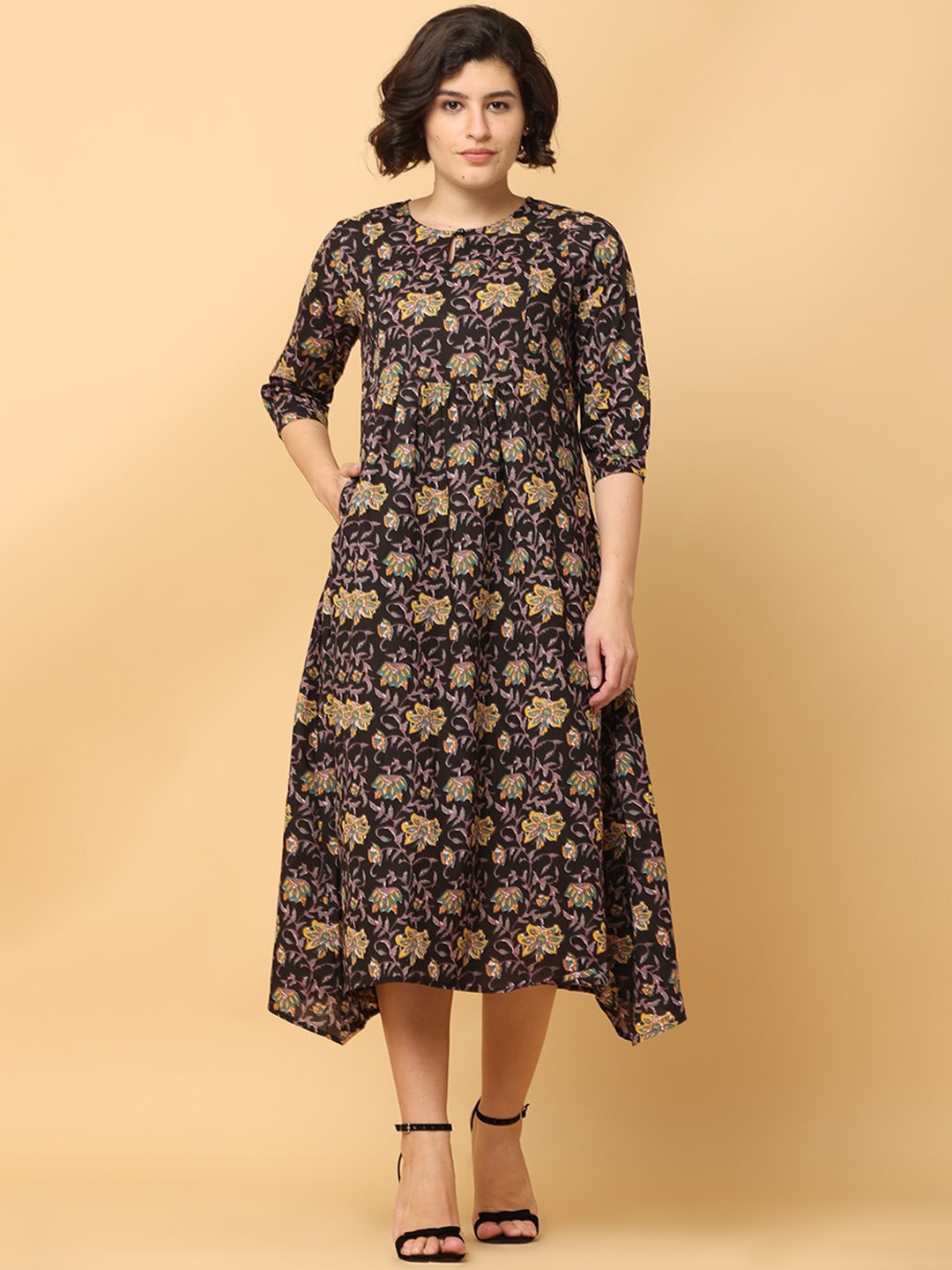 

BLACK & BLAH BLAH Relaxed Fit Floral Printed Flared Pure Cotton Monochrome Midi Dress