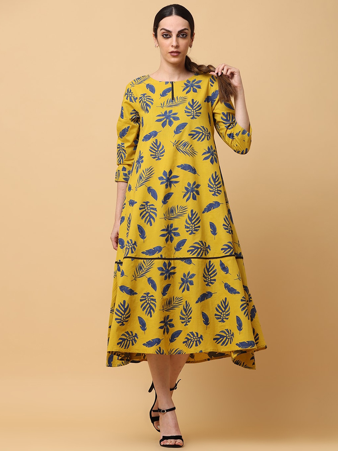 

BLACK & BLAH BLAH Relaxed Fit Floral Printed Tiered Pure Cotton Midi Dress, Yellow