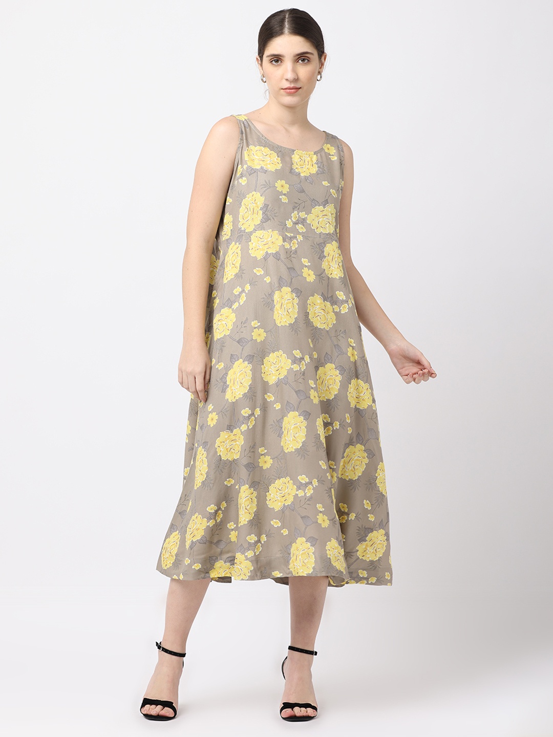 

BLACK & BLAH BLAH Relaxed Fit Floral Printed A-Line Liva Midi Dress, Grey