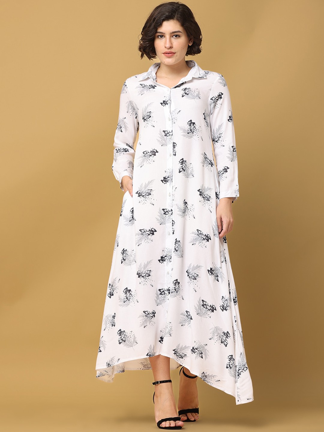 

BLACK & BLAH BLAH Relaxed Fit Floral Printed A-Line Liva Midi Dress, White